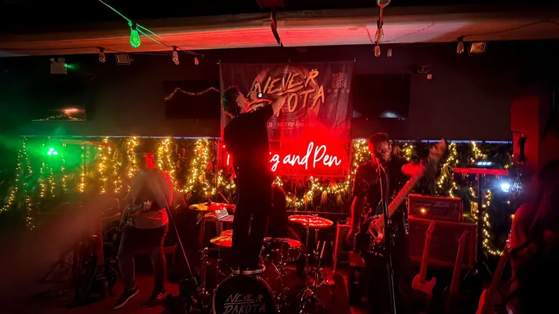 Never Dakota's singer standing on the kick drum under red and green stage lights