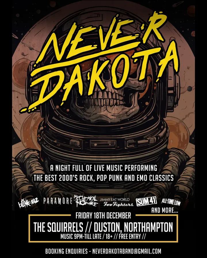 Poster for Never Dakota at The Squirrels, Duston, Northampton, Friday 18th December 2026